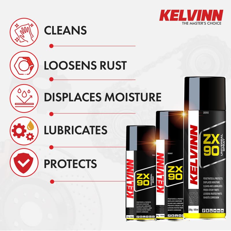 KELVINN ZX90 Universal Spray 400ml, Multi Purpose Lubricant Rust Remover Metal Cleaner Surface Protector, Stops Squeaks Frees Stuck Parts Corrosion Protection for Home Automotive Industrial Use - Image 5