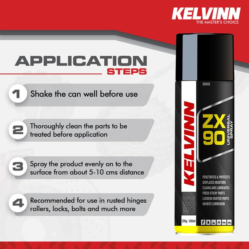 KELVINN ZX90 Universal Spray 400ml, Multi Purpose Lubricant Rust Remover Metal Cleaner Surface Protector, Stops Squeaks Frees Stuck Parts Corrosion Protection for Home Automotive Industrial Use - Image 3