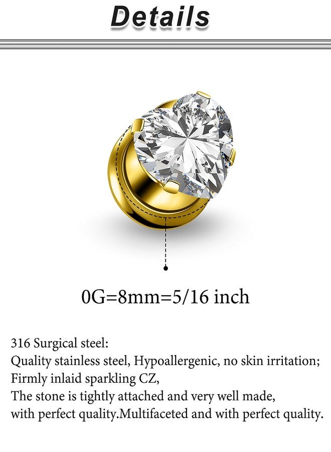 Ocptiy 0G Gold Gauges Tunnels Plugs Earrings for Ears Stretching Kit 0 Gauge 316L Surgical Stainless Steel Diamond Single Flare Tunnels Plugs Hollow Gauges Size 8mm Piercing Women Men 5/16 inch - Image 2