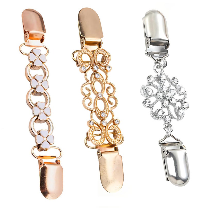 SQUISHCO 3 Pcs Cinch Clip for Shirt, Shirt Tightening Clips, Vintage Style with Silver Flower, Gold Diamond and Four Clover Design, for Layered Clothing and Formal Events (Gold and silver (B)) - Image 1