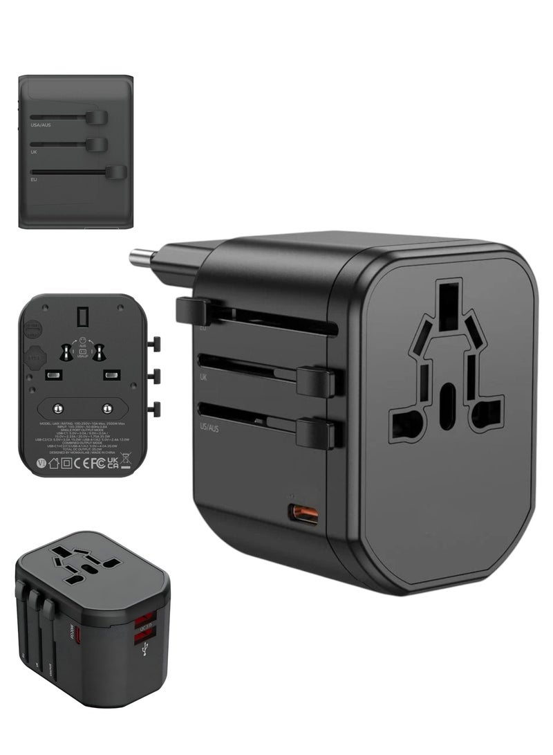 فيندكس محول سفر عالمي، محول طاقة دولي 5 فولت/3 أمبير مع منفذي USB ومنفذ شحن سريع من النوع C، متوافق مع العديد من الجنسيات، الولايات المتحدة/المملكة المتحدة/الاتحاد الأوروبي/أستراليا، أسود من سبون  - Image 1