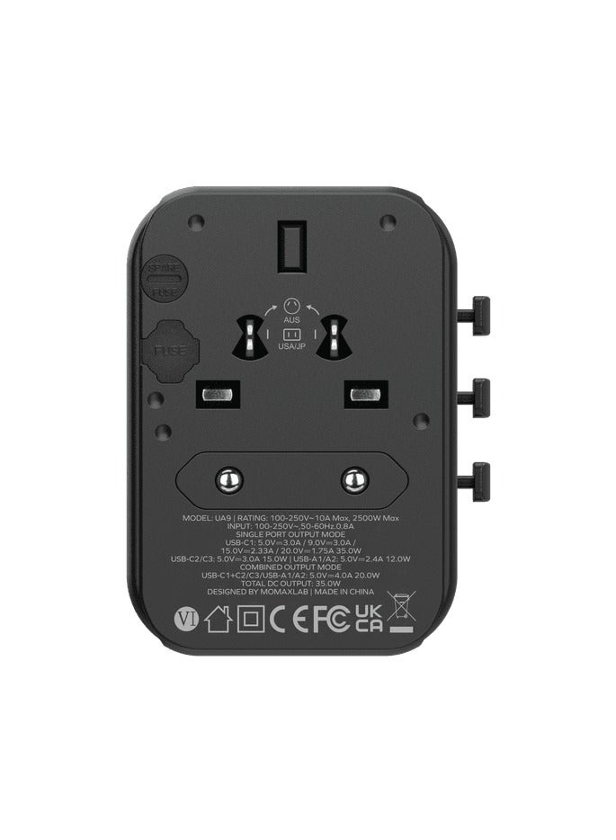 فيندكس محول سفر عالمي، محول طاقة دولي 5 فولت/3 أمبير مع منفذي USB ومنفذ شحن سريع من النوع C، متوافق مع العديد من الجنسيات، الولايات المتحدة/المملكة المتحدة/الاتحاد الأوروبي/أستراليا، أسود من سبون  - Image 4