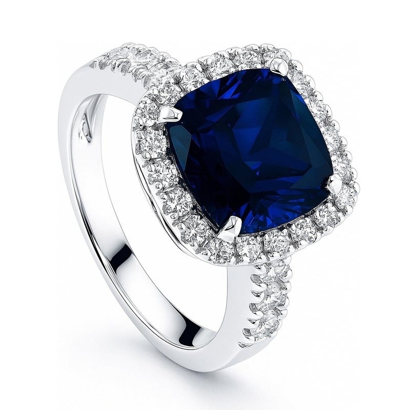 BERRICLE Sterling Silver Halo Simulated Blue Sapphire Cushion Cut Cubic Zirconia CZ Statement Cocktail Fashion Ring for Women, Rhodium Plated - Image 1