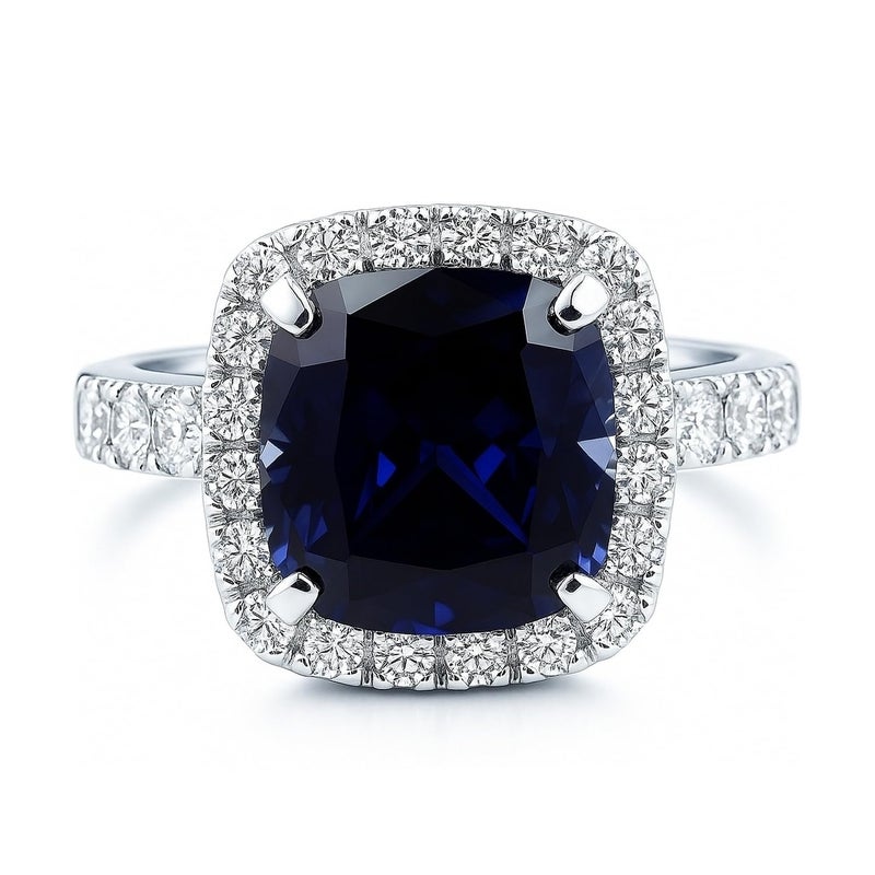 BERRICLE Sterling Silver Halo Simulated Blue Sapphire Cushion Cut Cubic Zirconia CZ Statement Cocktail Fashion Ring for Women, Rhodium Plated - Image 2