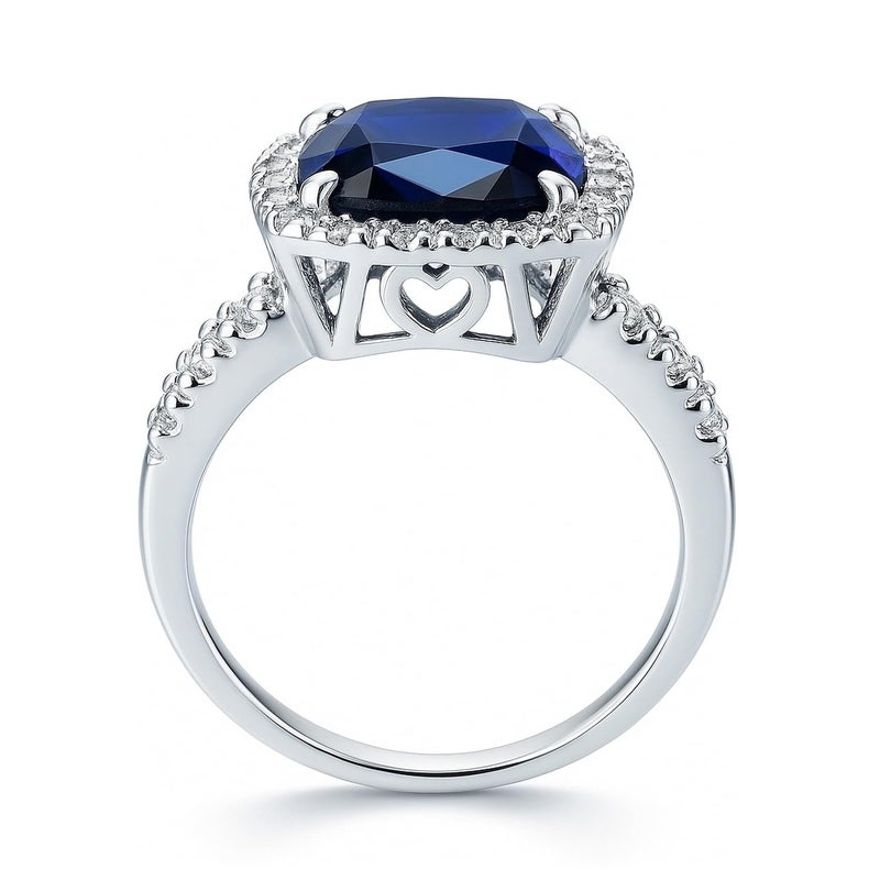 BERRICLE Sterling Silver Halo Simulated Blue Sapphire Cushion Cut Cubic Zirconia CZ Statement Cocktail Fashion Ring for Women, Rhodium Plated - Image 4