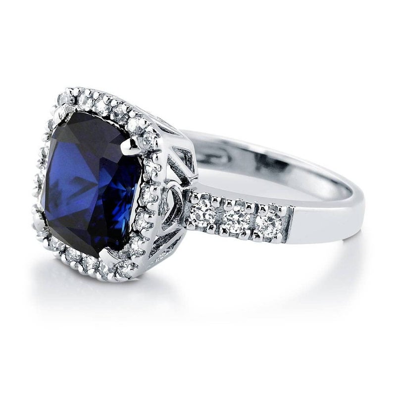 BERRICLE Sterling Silver Halo Simulated Blue Sapphire Cushion Cut Cubic Zirconia CZ Statement Cocktail Fashion Ring for Women, Rhodium Plated - Image 3