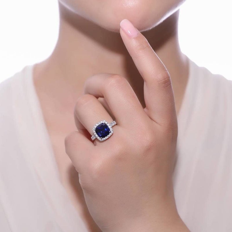 BERRICLE Sterling Silver Halo Simulated Blue Sapphire Cushion Cut Cubic Zirconia CZ Statement Cocktail Fashion Ring for Women, Rhodium Plated - Image 5