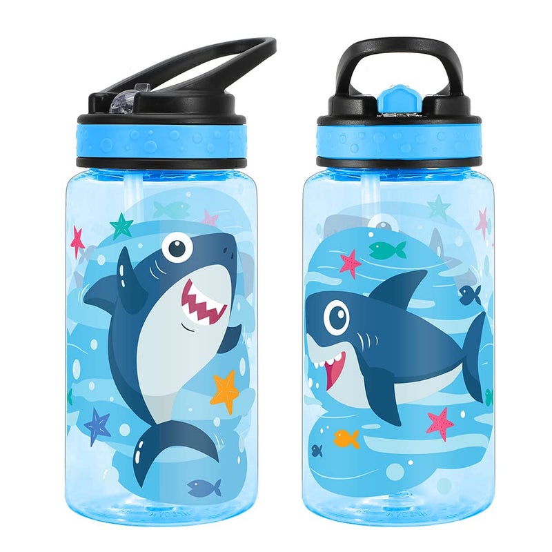 Home Tune 15oz Water Bottle for Kids Girls Boys School, BPA Free, Leak Proof Flip Straw, Carry Loop, Easy Clean - Shark - Image 2