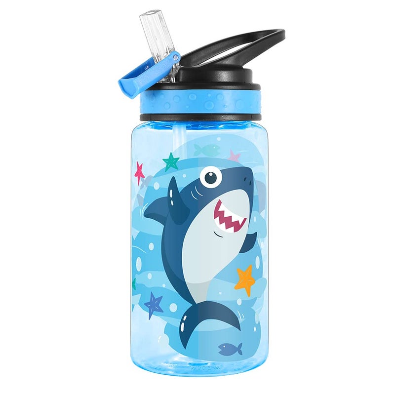 Home Tune 15oz Water Bottle for Kids Girls Boys School, BPA Free, Leak Proof Flip Straw, Carry Loop, Easy Clean - Shark - Image 1