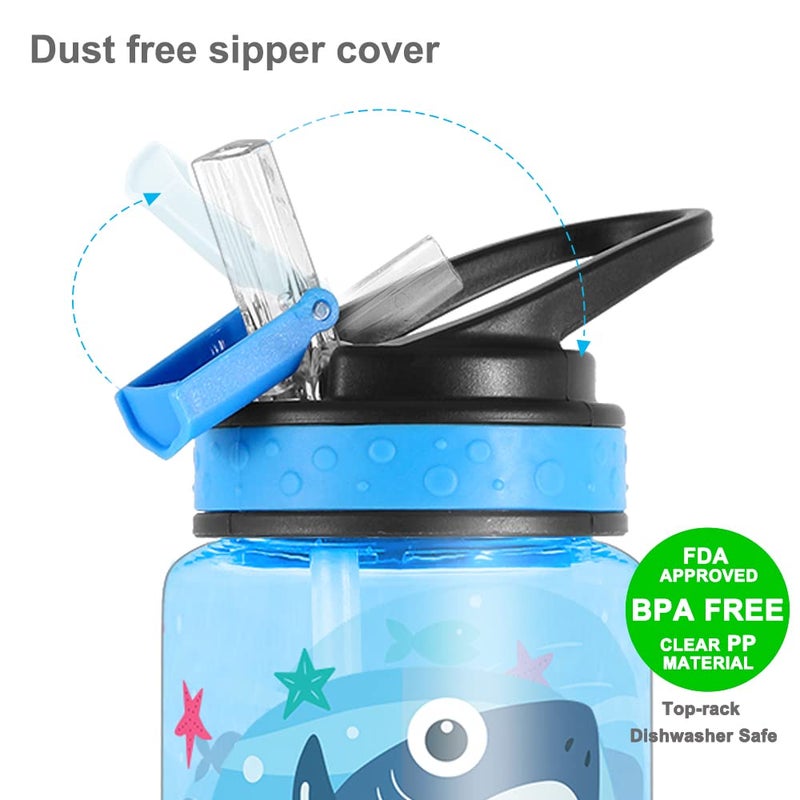 Home Tune 15oz Water Bottle for Kids Girls Boys School, BPA Free, Leak Proof Flip Straw, Carry Loop, Easy Clean - Shark - Image 4