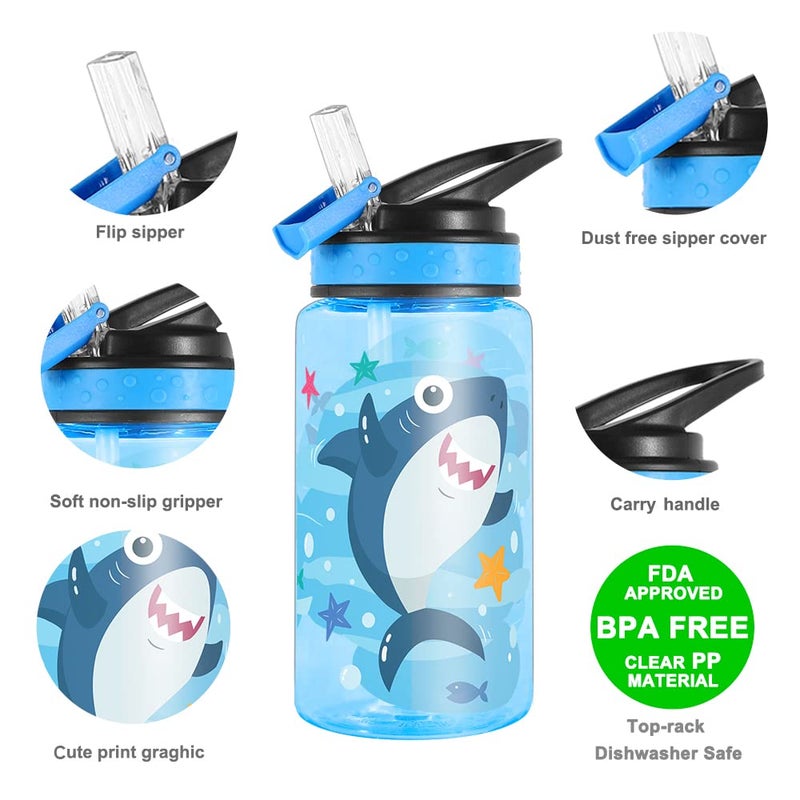 Home Tune 15oz Water Bottle for Kids Girls Boys School, BPA Free, Leak Proof Flip Straw, Carry Loop, Easy Clean - Shark - Image 3