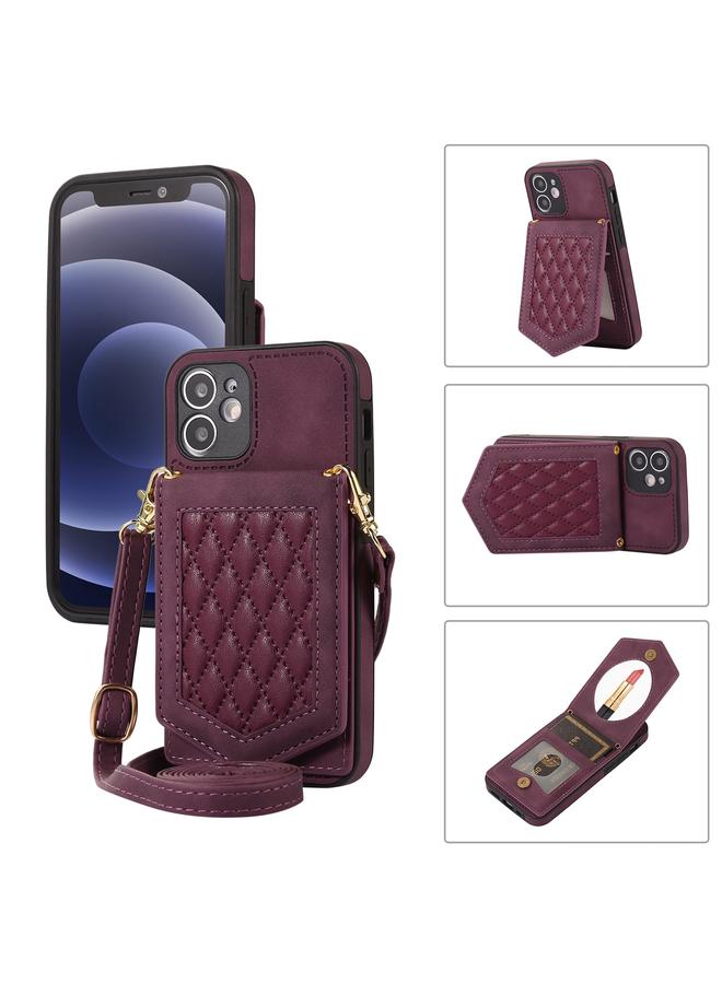 زبون جراب لهاتف iPhone 11 جراب هاتف RFID ذو نسيج معيني مع حبل ومرآة - Image 1