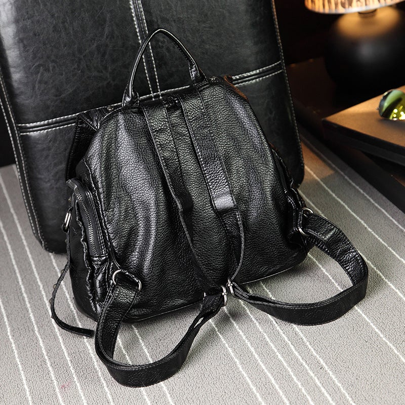 Rivet Soft Shoulder Bag Women'S Fashion Wash Leather Backpack Large Capacity Solid Color Schoolbag A Generation Of Hair - Image 5