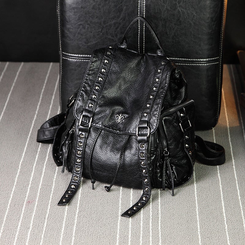 Rivet Soft Shoulder Bag Women'S Fashion Wash Leather Backpack Large Capacity Solid Color Schoolbag A Generation Of Hair - Image 3