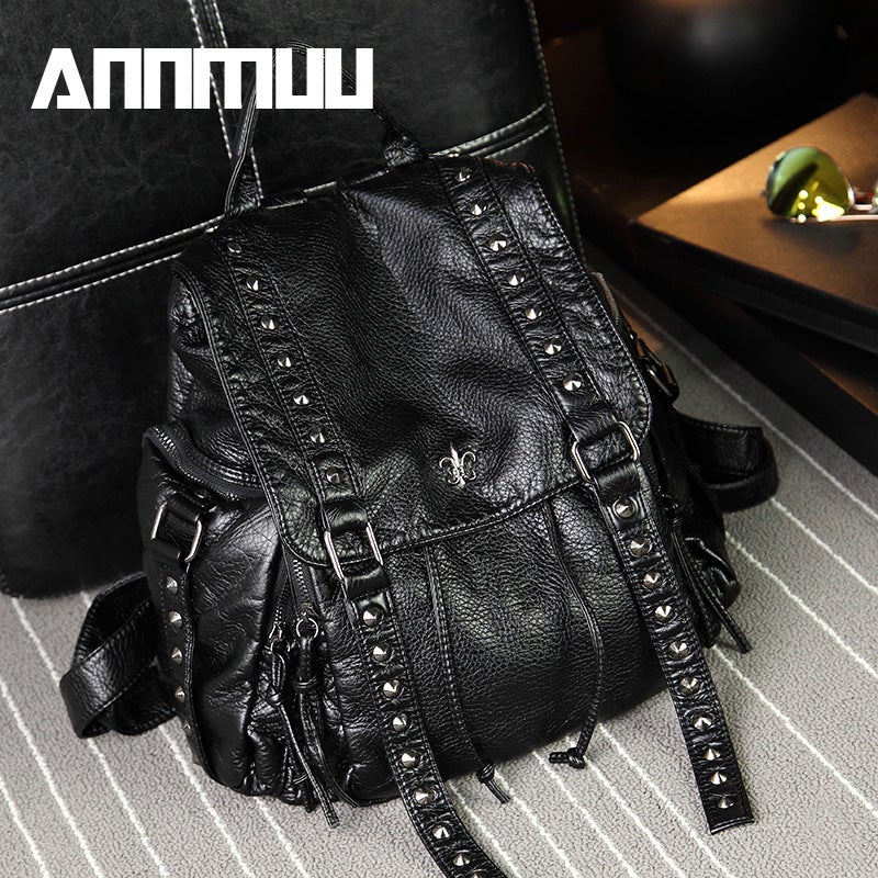 Rivet Soft Shoulder Bag Women'S Fashion Wash Leather Backpack Large Capacity Solid Color Schoolbag A Generation Of Hair - Image 2