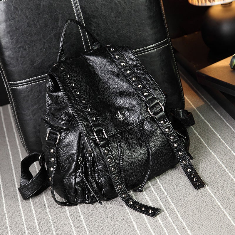 Rivet Soft Shoulder Bag Women'S Fashion Wash Leather Backpack Large Capacity Solid Color Schoolbag A Generation Of Hair - Image 4