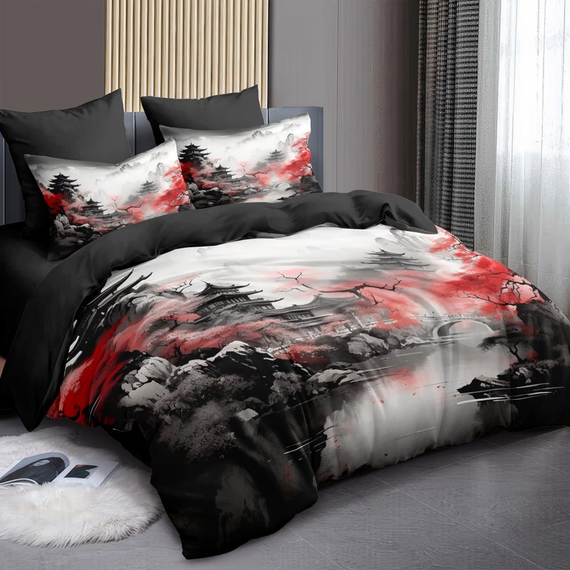 CCoutueChen Asian Comforter Chinese Traditional Bedding Set King Size Chinese Landscape Painting Bed Set for Adult Women Soft Lightweight Comforter Black Red