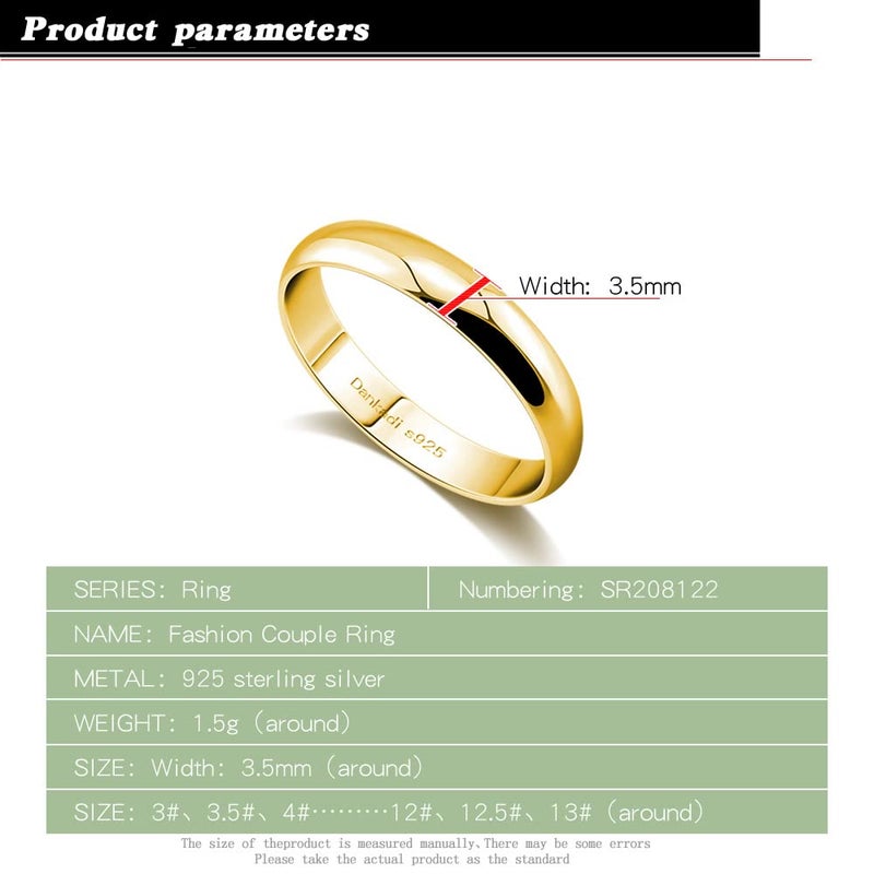 Dankadi Fashion Women & Men 925 Sterling Silver 24K Gold Plated Ring Smooth Plain Dome Comfort Solid Silver Ring Wedding Engagement 3.5 mm Ring 3-12# (Simple style gold, 8) - Image 2