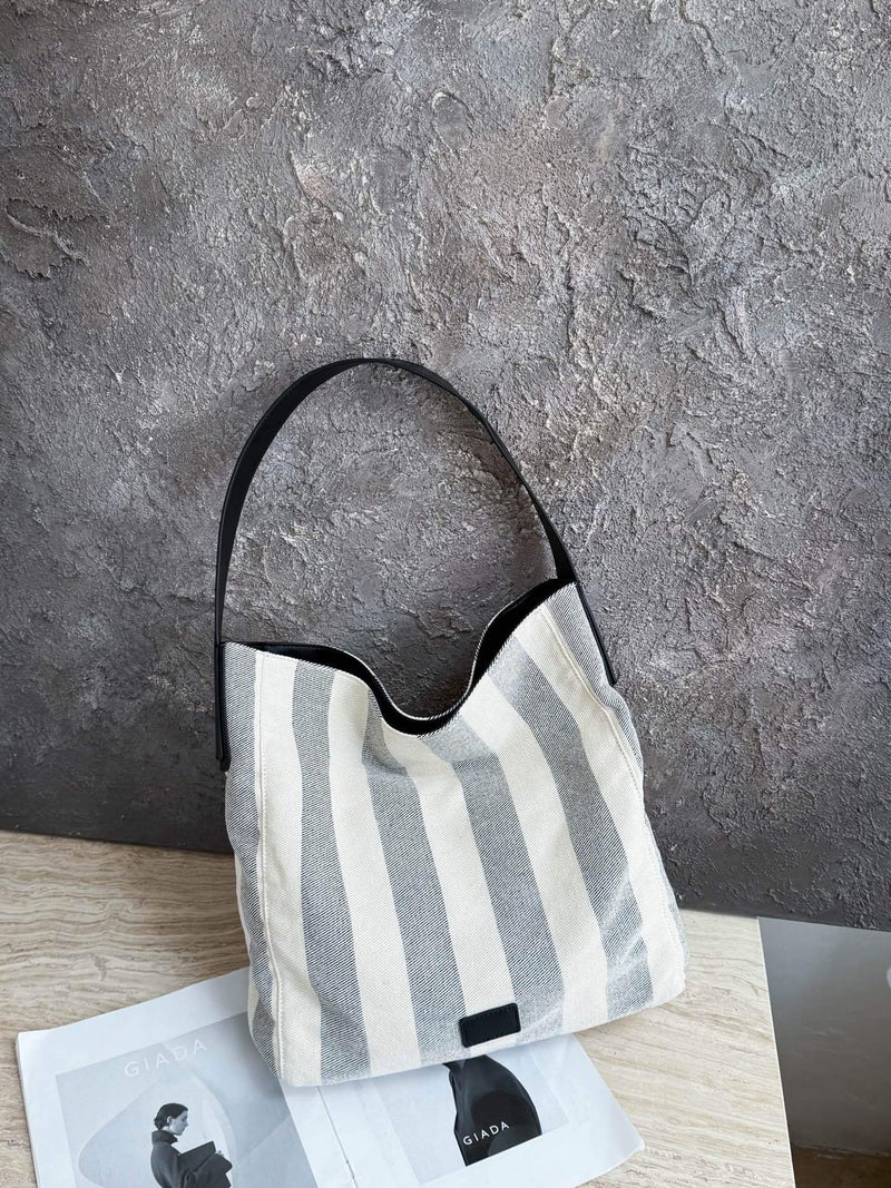 25 Stripesd Canvas Bag Bucket Bag Women'S Large Capacity Niche Bag New Export Single Shoulder Large Bag Women'S Bag Tote Bag - Image 1