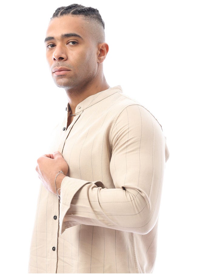 RAVIN - Beige Linen Shirt With Pencil Stripes - Image 1