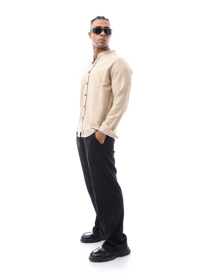 RAVIN - Beige Linen Shirt With Pencil Stripes - Image 1