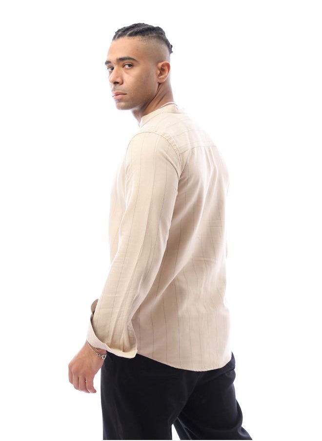 RAVIN - Beige Linen Shirt With Pencil Stripes - Image 1