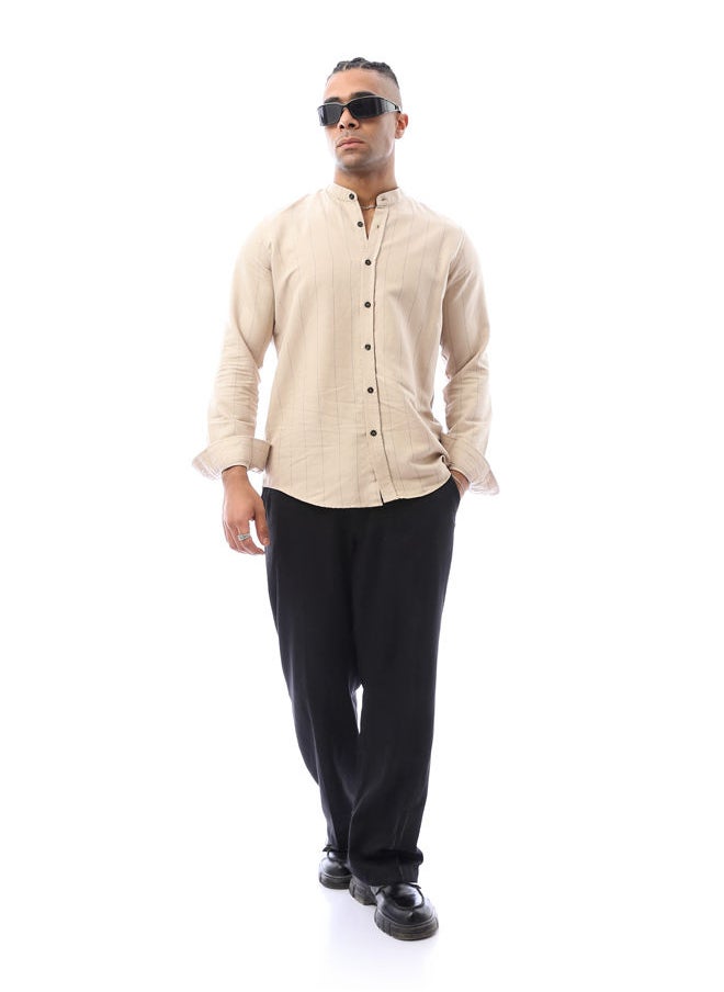 RAVIN - Beige Linen Shirt With Pencil Stripes - Image 1