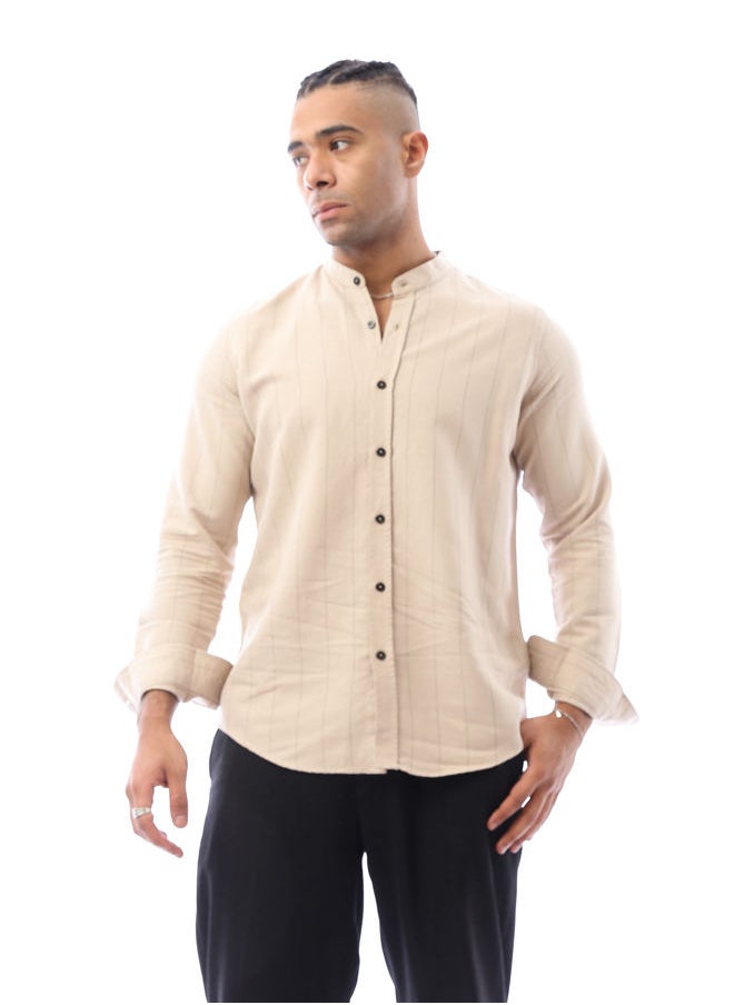 RAVIN - Beige Linen Shirt With Pencil Stripes - Image 1