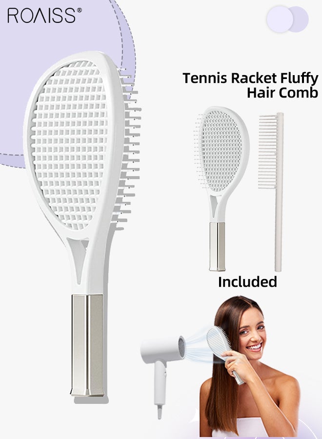 رويس مشط شعر تنس راكيت بأسنان واسعة لفك تشابك الشعر وتدليك فروة الرأس وتصفيف الشعر أثناء التجفيف وزيادة الحجم، أبيض - Image 1