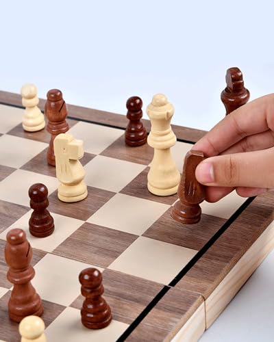 apyr aoma 15 Wooden Chess Set Folding Board 2 Extra Queens Magnetic Chess Board Set for Adults Kids Pieces Storage Slots Checkers Game for Kids Portable Travel Chess Game for Beginner - Image 5