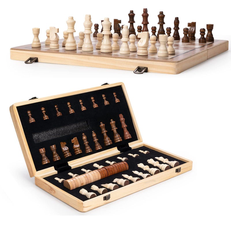 apyr aoma 15 Wooden Chess Set Folding Board 2 Extra Queens Magnetic Chess Board Set for Adults Kids Pieces Storage Slots Checkers Game for Kids Portable Travel Chess Game for Beginner - Image 4