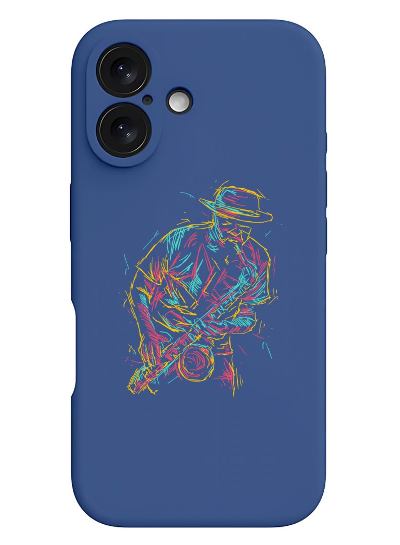 Theodor iPhone 16 Blue Protective Slim Fit Case Liquid Silicone Cover with Full Body Protection Anti-Scratch Shockproof Case For iPhone - Abstract saxophone - Image 1