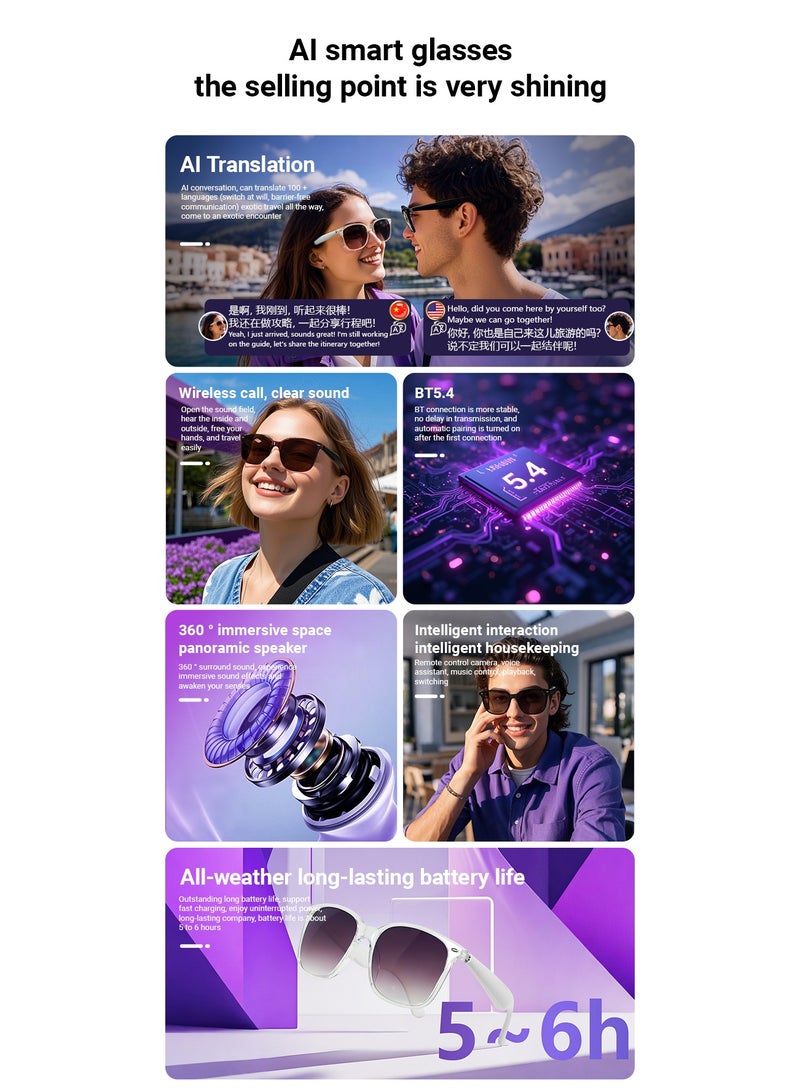 Fashion Ai Translation Anti-Ultraviolet Bluetooth Glasses 100+ Languages Real-Time Translation Glasses Listening To Music And Making Calls Smart Sunglasses  - Image 3