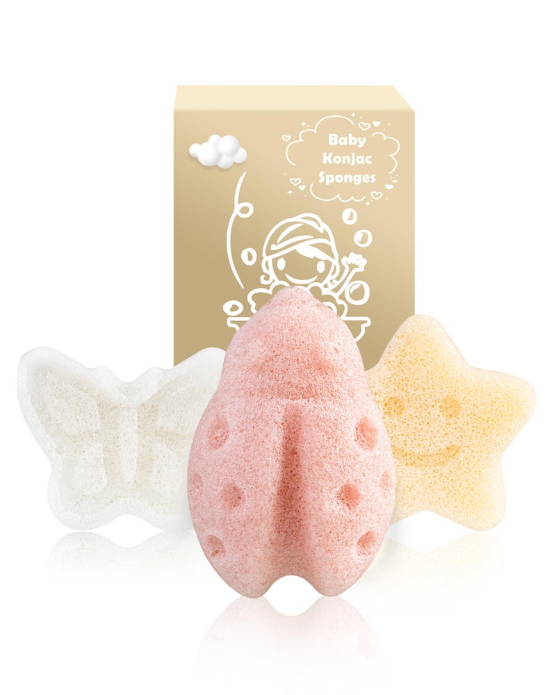 MoHern Konjac Baby Sponge for Bathing, 3Pcs Natural Cute Shapes, Kids Bath sponges for Infants, Toddler Bath time, Plant-Based, Extra Soft - Image 1