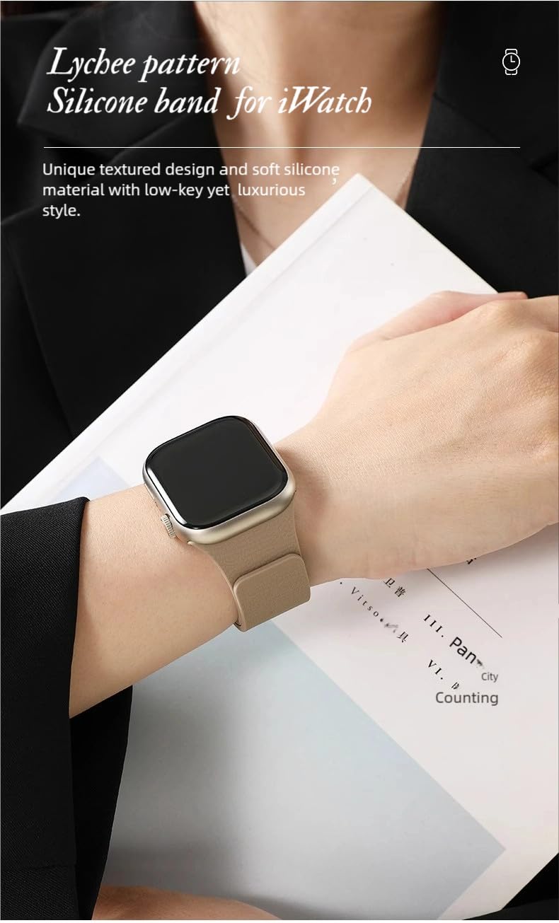 LYSMVIVI Magnetic Band Compatible with Apple Watch 49mm 46mm 45mm 44mm 42mm 41mm 40mm 38mm Women Men Lychee Silicone Magnetic Strap for iWatch Ultra SE Series 11 10 9 8 7 6 5 4 3 2 1 (Milk Tea) - Image 3
