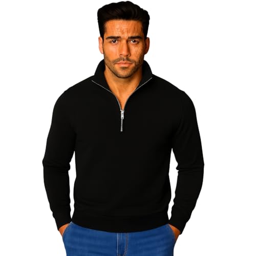 Mack Jonney Men’s Fleece Half-Zip Black Color High Neck Sweatshirt | Warm & Stylish Winter Wear -M4387 - Image 1