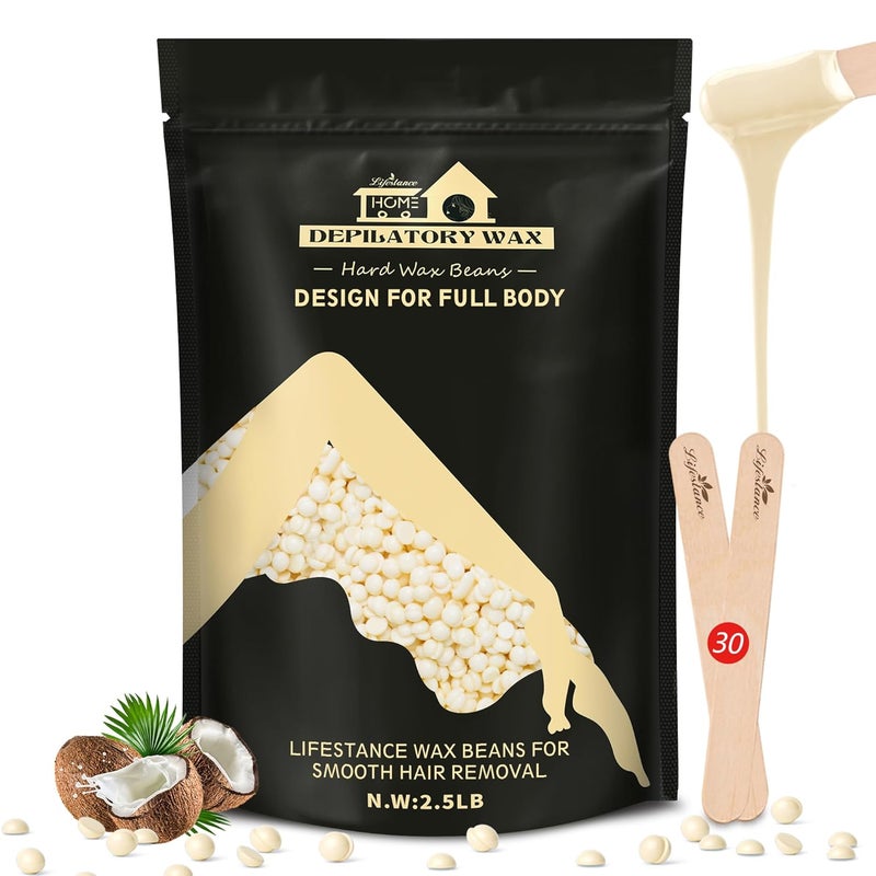 Lifestance 25lb Wax Beads Kit Cream Hard Wax Beans For Hair Removal Eyebrow Face Underarm with 30 Applicators Waxing for Brazilian Bikini Coarse Hair Women Men Large Pearl Beads Refill for Wax Pots