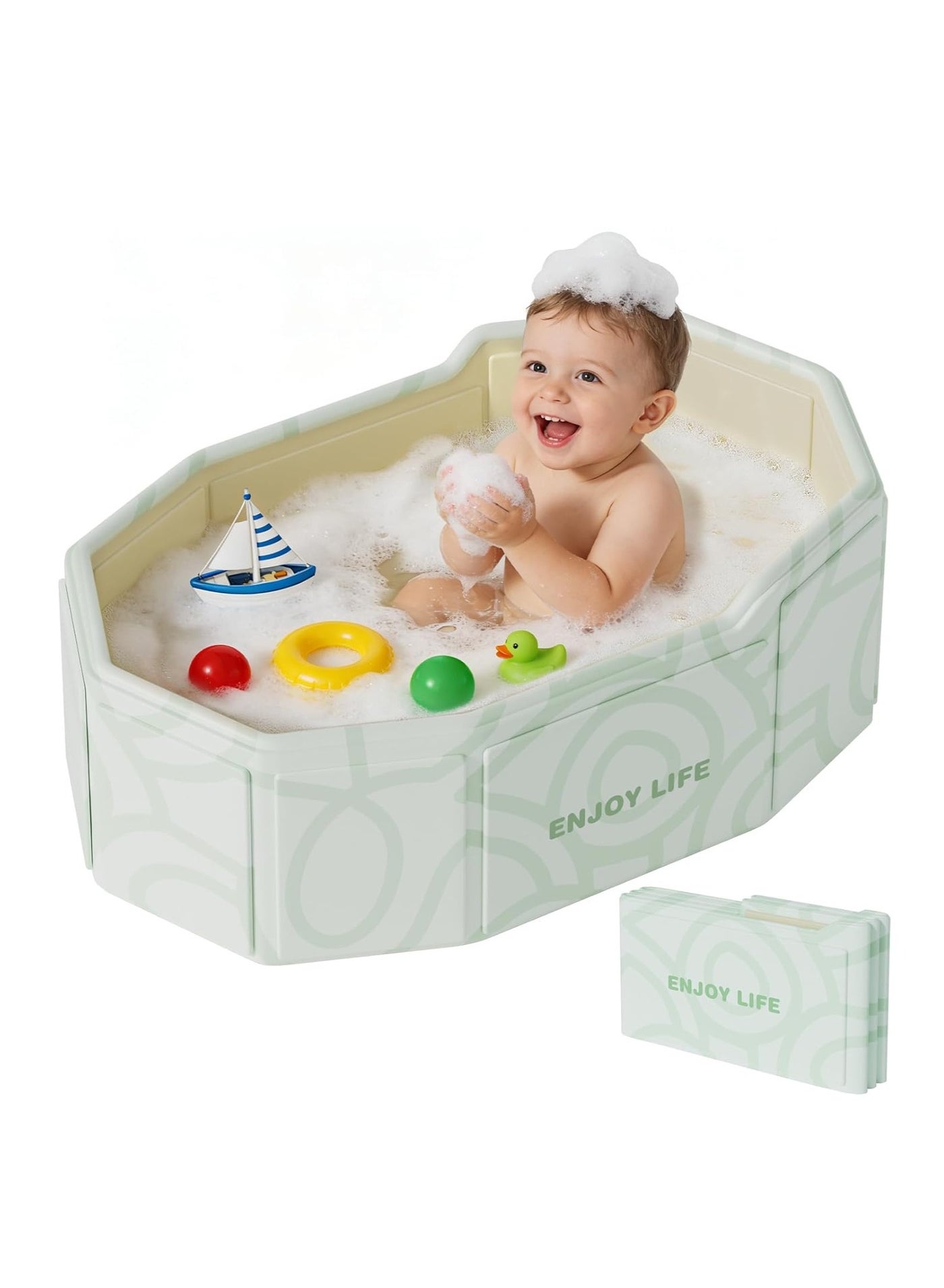 WALALLA Collapsible Baby Bathtub, Foldable Toddler Bath Tub with Drain Plug, Anti-Slip Legs and Slanted Backrest, Portable Travel Bath Basin for Shower, Bathroom, Hotel and Kids Water Play