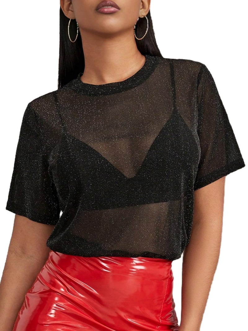 MakeMeChic Women's Sparkly Tops Mesh Sheer Short Sleeve Concert Outfits Sequin See Through Black T Shirts Blouse B Black Medium - Image 1