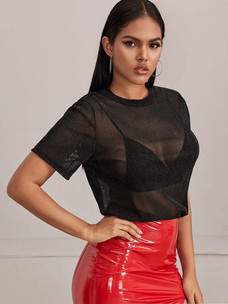 MakeMeChic Women's Sparkly Tops Mesh Sheer Short Sleeve Concert Outfits Sequin See Through Black T Shirts Blouse B Black Medium - Image 5
