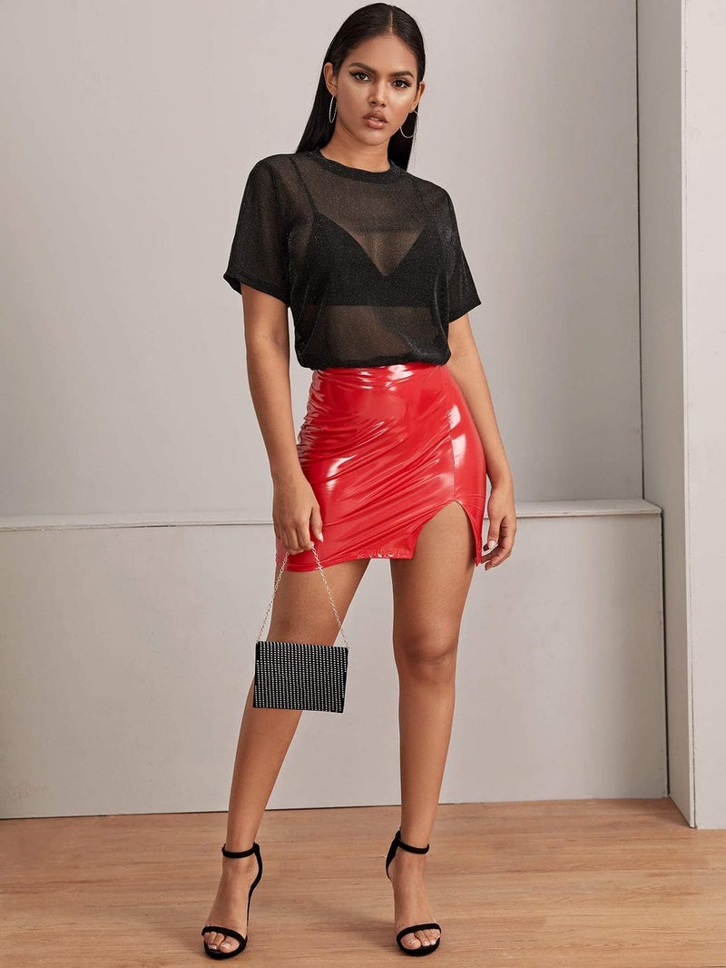 MakeMeChic Women's Sparkly Tops Mesh Sheer Short Sleeve Concert Outfits Sequin See Through Black T Shirts Blouse B Black Medium - Image 4