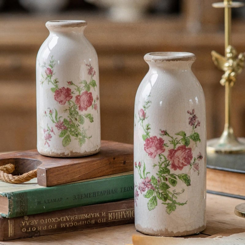 Teweiqi Pink - Flower Small Ceramic Vase Set, Retro Rustic Cute Flower Vase Gift, Art Decorative Vase for Your Home, Kitchen, Bedroom, Office, Living Room, Bathroom, & Shelf Centerpiece Table Decorations - Image 1