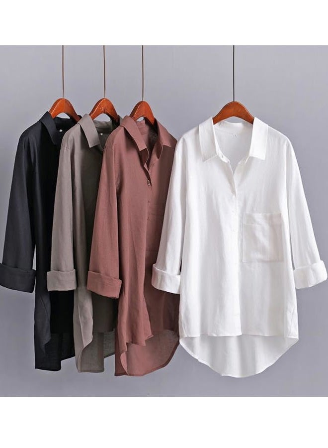Minibee Women's Long Sleeve Shirts Button Down Blouse Cotton Tunic High Low Tops, Coffee, XXL - Image 4