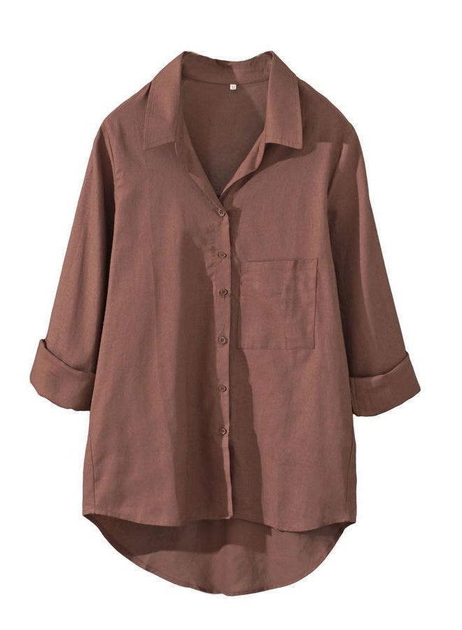 Minibee Women's Long Sleeve Shirts Button Down Blouse Cotton Tunic High Low Tops, Coffee, XXL - Image 1