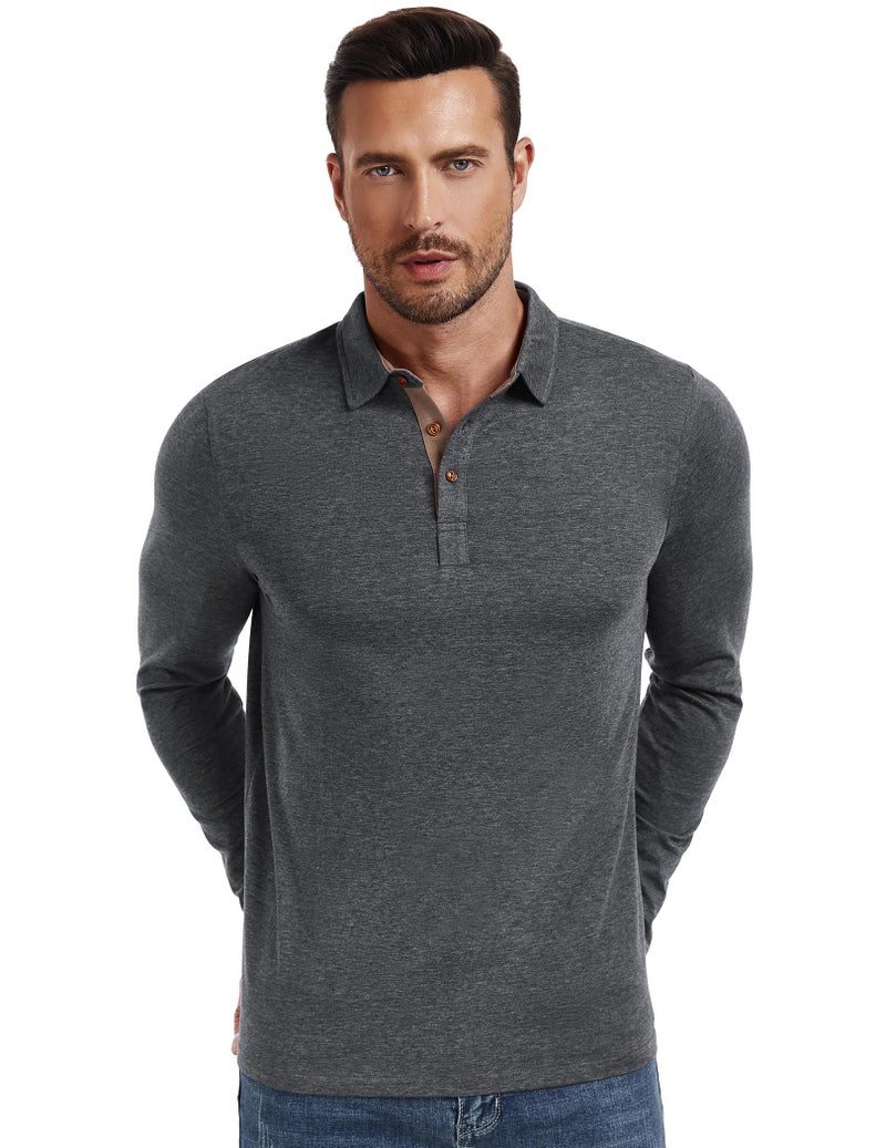 PEGENO Mens Polo Long Sleeve Shirt Classic Button Basic Solid Color Designed Collared Polo Shirt Fashion Casual Golf Shirts Dark Grey X Large - Image 2