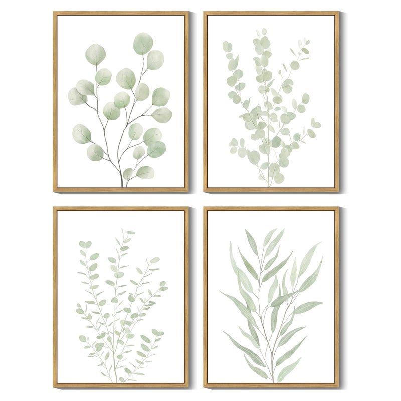 Drsoum Botanical Plant Framed Wall Art Boho Wall Decor for Bathroom Sage Green Eucalyptus Leaf Prints Minimalist Aesthetic Ready to Hang Set of 4, 11x14 in (Natural Framed) - Image 1