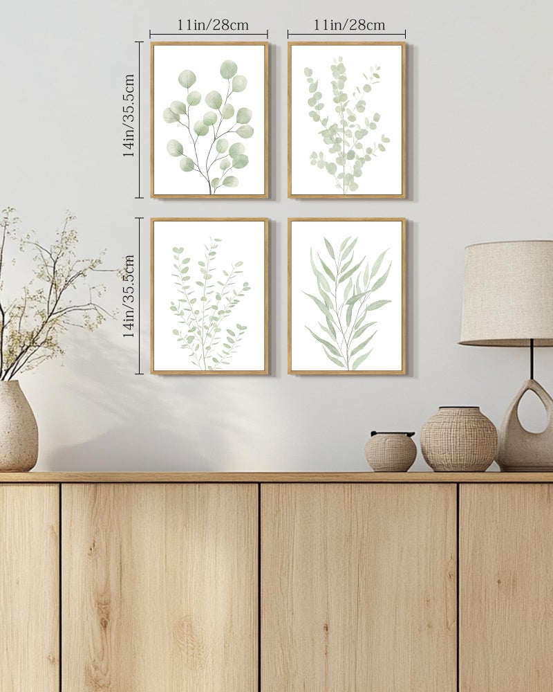 Drsoum Botanical Plant Framed Wall Art Boho Wall Decor for Bathroom Sage Green Eucalyptus Leaf Prints Minimalist Aesthetic Ready to Hang Set of 4, 11x14 in (Natural Framed) - Image 2