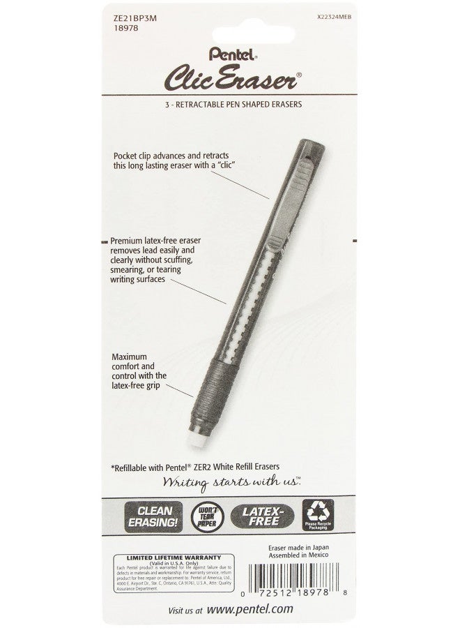 Pentel Clic Retractable Eraser With Grip, 3 Pack - Image 3
