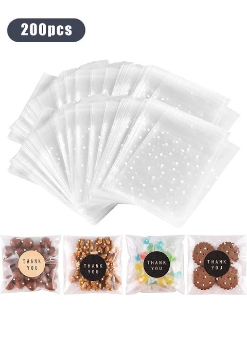 200-Piece DIY Self Adhesive Plastic Transparent Candy Cookie Gift Bag, Reclosable White Polka Dot Self Sealing Packaging Bags, Chocolate Small Treat Party Birthday Wedding