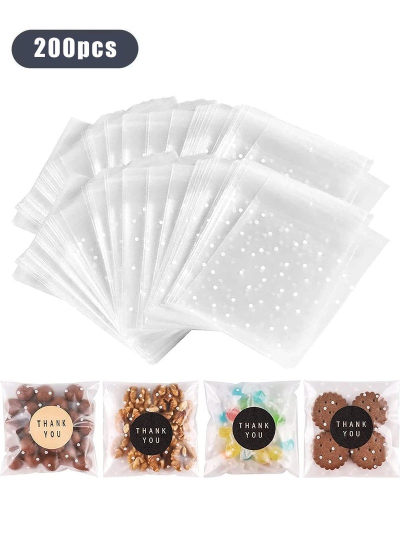 YOUGE 200-Piece DIY Self Adhesive Plastic Transparent Candy Cookie Gift Bag, Reclosable White Polka Dot Self Sealing Packaging Bags, Chocolate Small Treat Party Birthday Wedding - Image 1